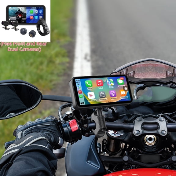 6.25"  Motorcycle GPS Navigation Screen  with 1080P Dash Cam & TPMS, Wireless CarPlay/Android Auto, IP67 Waterproof, Wi-Fi, Loop Recording