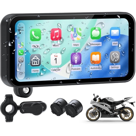 6.25" Wireless Motorcycle CarPlay Screen with Built-in TPMS, IP67 Waterproof Touchscreen, GPS Navigation, Portrait/Landscape Switch, Bluetooth Audio, Siri & Google Assistant
