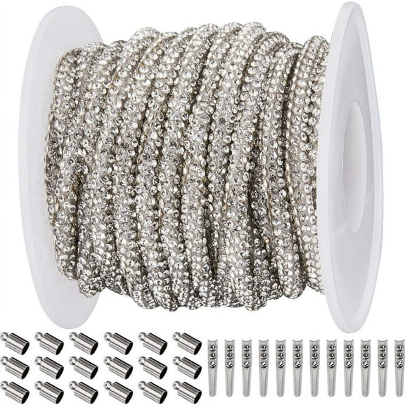 6.25 Yard Polyester Cord with Rhinestone Sparkle Round Tube with 1Pc Plastic Thread Bobbins 40Pcs Iron & Brass Cord Lock Ends for Garment Accessories Clear 4mm
