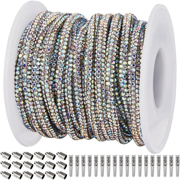6.25 yard Polyester Cord with Rhinestone Sparkle Round Tube with 1pc Plastic Thread Bobbins 40pcs Iron & Brass Cord Lock Ends for Garment Accessories Clear AB 4mm