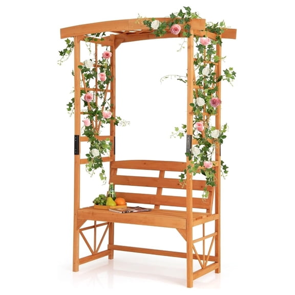 6.25ft Garden Arbor with , Wooden Arch w/Side Trellis for Climbing Plants & Vines, 2-Person Outdoor Seating, Country Botanicals Decoration for Backyard, Deck, Patio