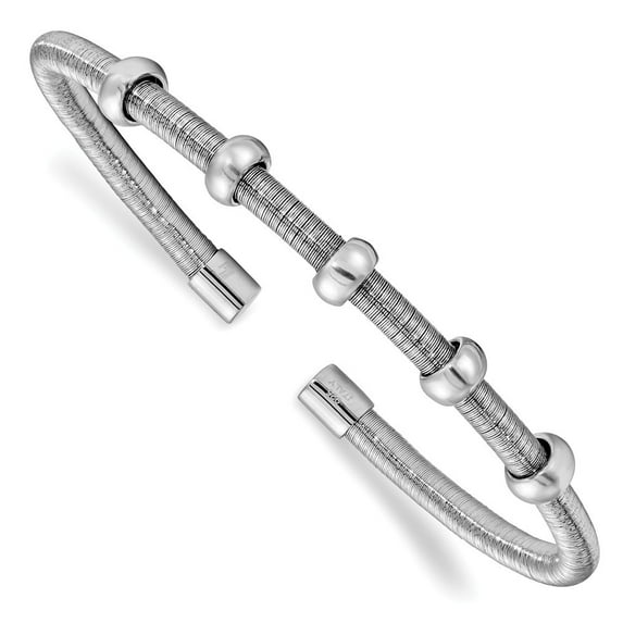 6.25mm Sterling Silver Rhodium Textured and Polished Cuff Bangle Bracelet - 8.7 Grams