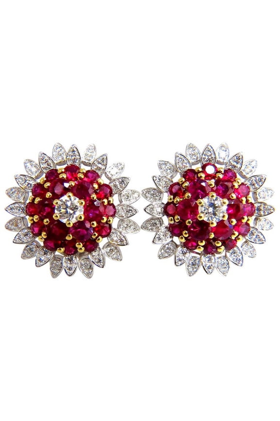 6.26ct natural vivid red ruby diamond domed cluster clip earrings 18kt