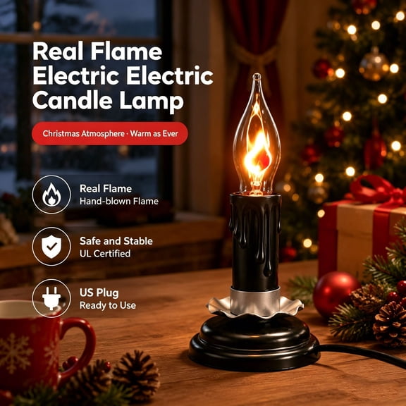 6.29 Inch Black Plug-In Flameless Candle Lamp, Flickering Realistic Flame LED Candle with Silver Lotus Base, 110V US Plug Electric Candle for Halloween Window Mantel Decor