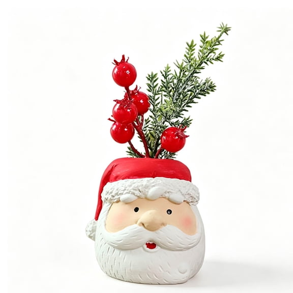 6.29 Inch Christmas Santa Head Figurine, Resin Holiday Tabletop Decor with Artificial Red Berries and Pine, Festive Winter Home Ornament for Mantel Shelf, Xmas Party Gift