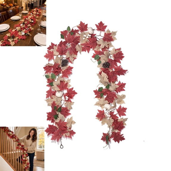 6.2Ft Artificial Red Maple Leaf Garland,Fake Fall Vine With Pumpkin Pinecone Berries,Halloween Decor,Faux Autumn Harvest Rattan,Indoor Outdoor Mantel Stair Thanksgiving Farmhouse Window Door Decor