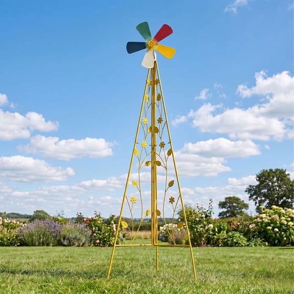 6.2ft Yellow 5-Blade Iron Windmill with Tripod Stand, Yard Decor