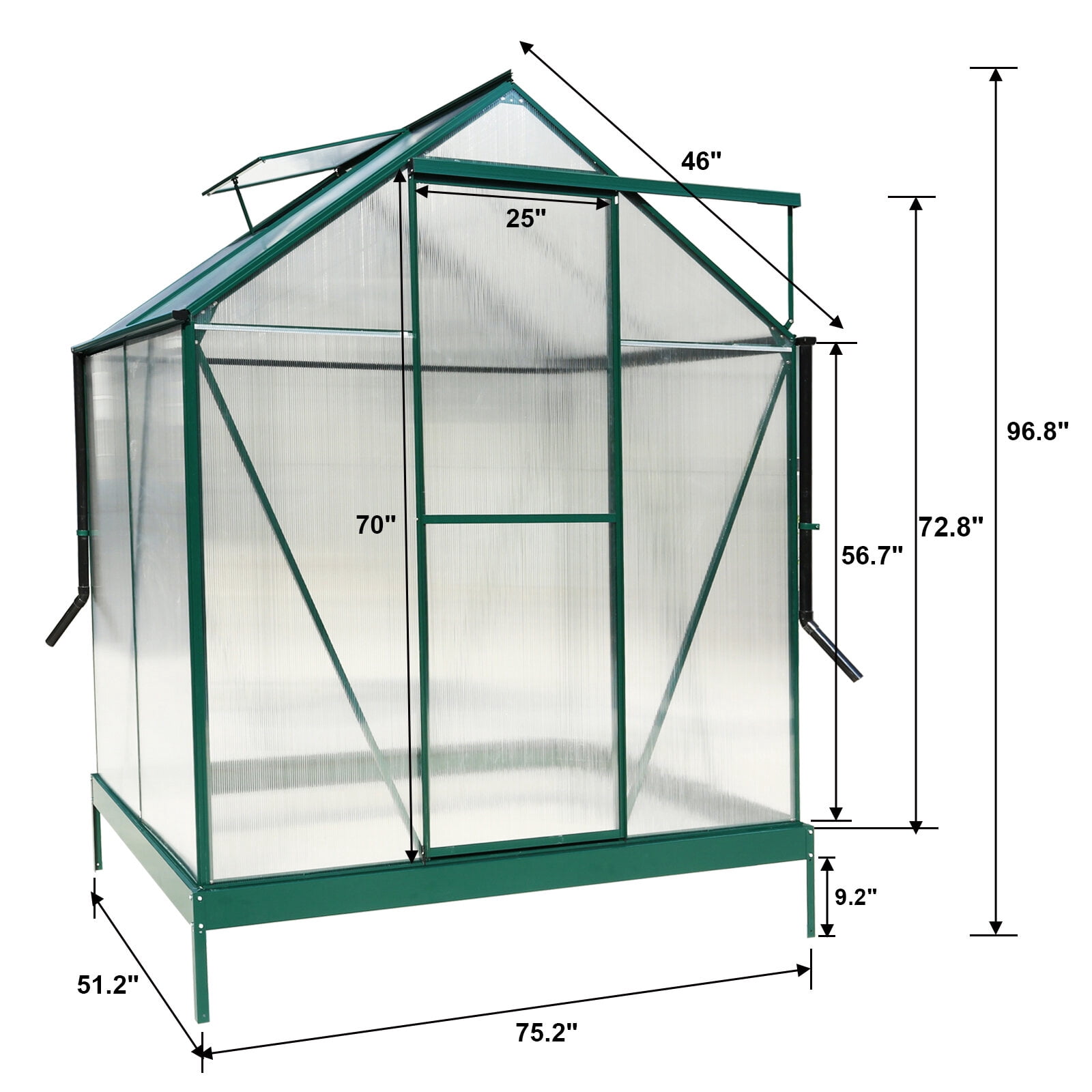 6.3'*4.2'*7' Polycarbonate Greenhouse, Heavy Duty Outdoor Aluminum Walk-in Green House Kit with Rain Gutter, Vent and Door for Backyard Garden, color green,