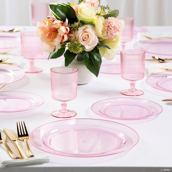6 3/4" 8 oz. Pink Vintage Modern Ribbed Cup & Plates Set - 74 Pieces