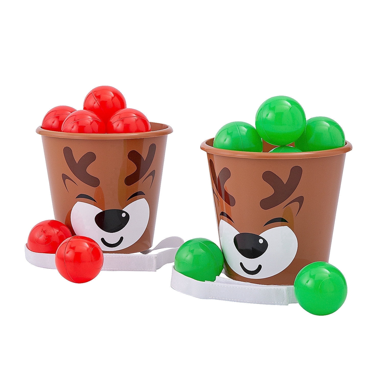Fun Express Christmas Reindeer Bucket Ball Toss Game Plastic 14 Pieces 6.8 x 6.8 Inch