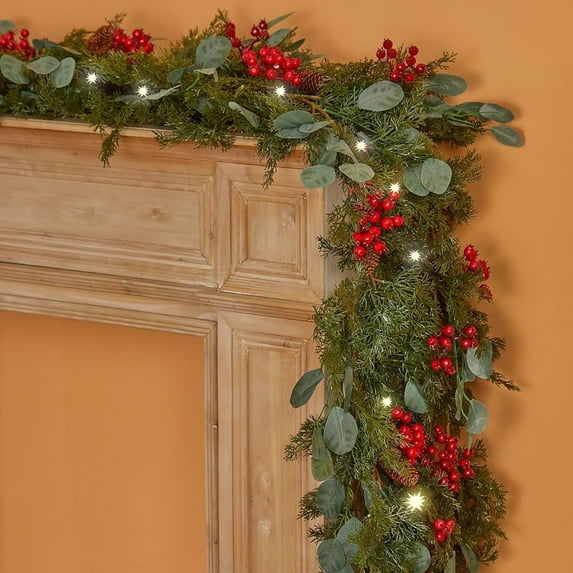 6.3 FT Christmas Garland with 30 LED Lights & Berries - Cedar Garland, Norfolk Pine Greenery Garland, Garland for Thanksgiving Christmas, Christmas Decorations for Mantle Wall