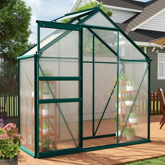 6×3 FT Greenhouse for Outdoors, Polycarbonate Greenhouse with Adjustable Roof Vent, Sliding Door and Rain Gutter, Aluminum Walk-in Green Houses for Outside Patio Backyard Garden, Green