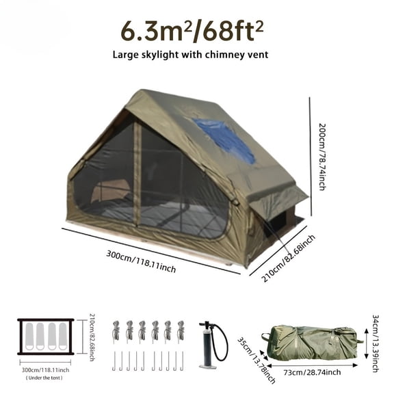6.3㎡ Green Comfort Version Inflatable Tent with Skylight & Chimney Opening, Windproof & Mosquito-proof. Lightweight Glamping Cabin, Ideal for Family Luxury Camping, Portable Shelter for Your Outdoor