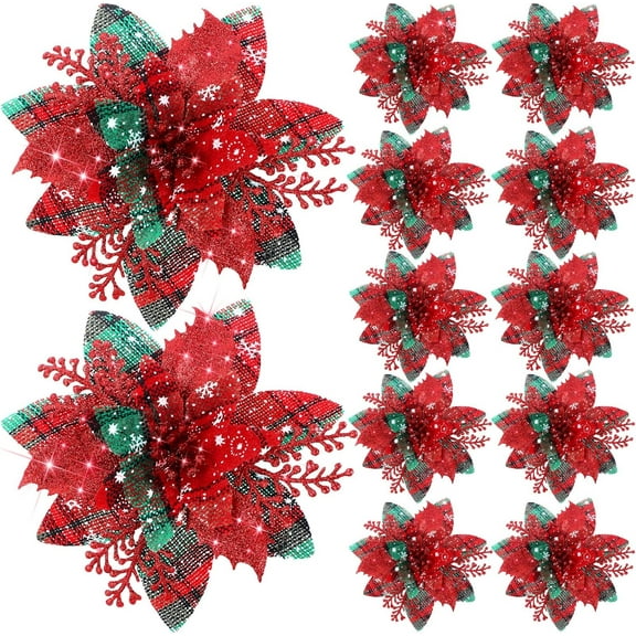 6.3 Inch Artificial Poinsettias Christmas Glitter Flowers with Clips Xmas Tree Flower Ornament Poinsettias Decor 12 Pieces