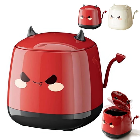 6.3 Inch Devil Shaped Desktop Garbage Bin, Press Open Lid Small Table Waste Basket with Removable Inner Bucket, Compact Mini Trash Can for Office Bedroom Bathroom Car Cute Room Decor (Red)