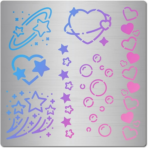6.3 Inch Heart Metal Stencil Bubbles Star Metal Template Spotty Line Love Pentagram Stainless Steel Journal Planner Stencils for Wood Burning Drawing Carving Pyrography Painting on Wood