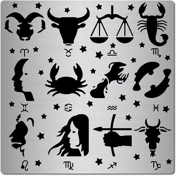 6.3 Inch Metal Constellations Stencils Zodiac Glyphs Symbols Stainless Steel Astrological Astrology Horoscope Sign Template Stencil for Painting Wood Burning Pyrography Engraving Crafts grey