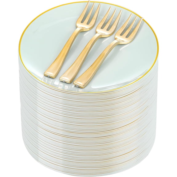 6.3 Inch Sage Green Gold Rim Disposable Dessert Plates with 5 Inch Gold Plastic Forks Set
