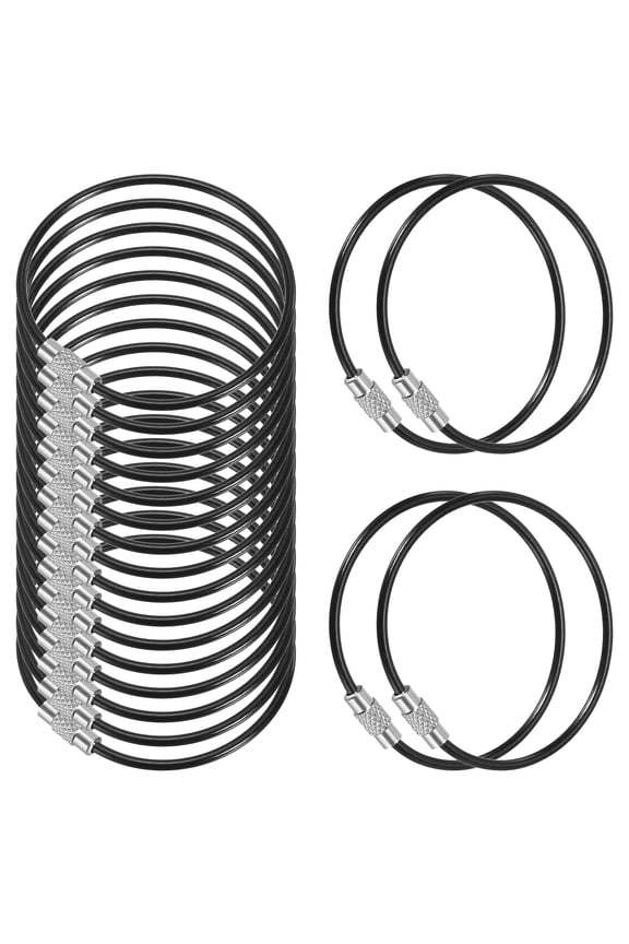 6.3 Inch Stainless Steel Wire Keychain Cable Key Ring Loop, Black, 20 Pack