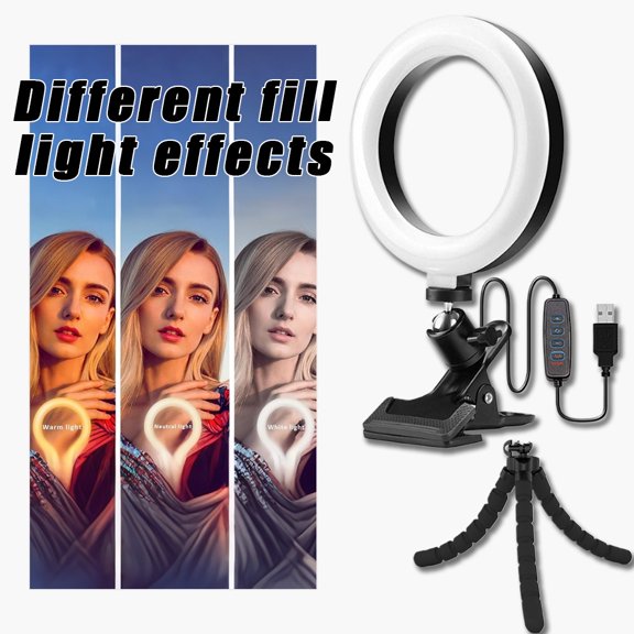 6.3 Inch USB Ring Light with Flexible Octopus Tripod, 3 Color Temperatures 5 Levels Dimmable LED Ring Light, 360 Adjustable Clip Fill Light for Video Call Meeting Makeup Live Stream Selfie Nail Art