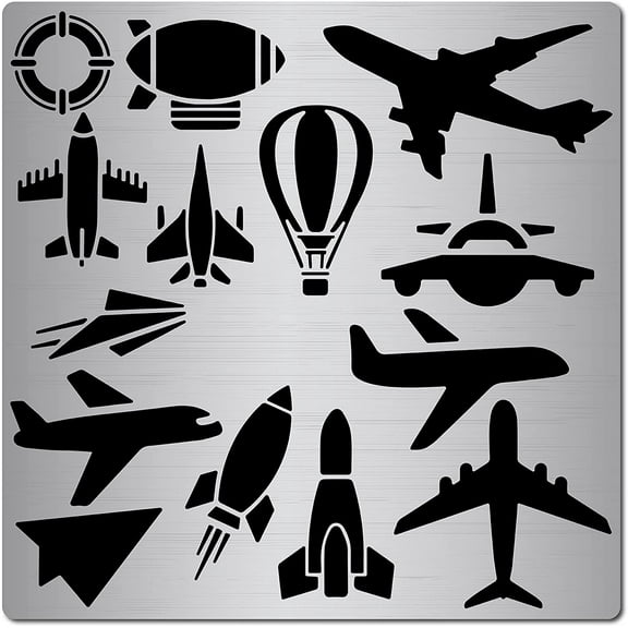 6.3" Metal Air Transport Stencil Cartoon Airplane Template Construction Vehicle Hot Air Balloon Painting Reusable Templates Journal Tool for Painting Wood Burning Pyrography and Engraving for DIY
