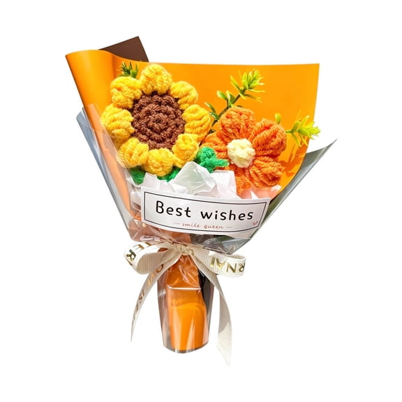 6.3" Mini Handmade Crochet Flower Bouquet, Pre-Wrapped Graduation Birthday Gift - Sunflower Orange