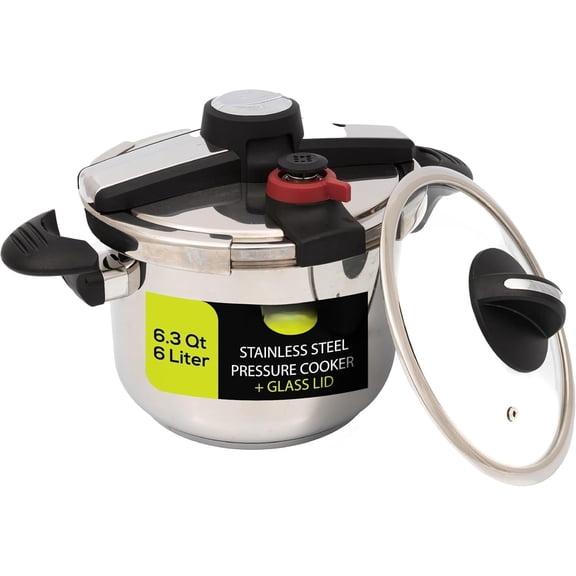 (6.3 Qt/6 Liter) Express Cooker + Extra Glass Lid, (15 PSI/100 kPa) with Easy Opening System, Ultra Safe Stainless Steel Cooker
