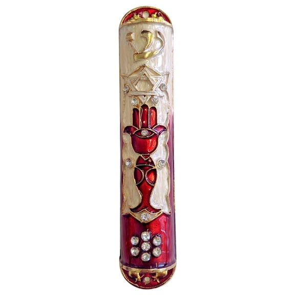 6.3" Red Mezuzah Hamsa And Star Design Hand Painted Enamel