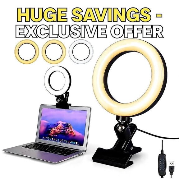 6.3 USB Clip-On Ring Light with Clamp Mount, 3 Light Modes & 10 Brightness Levels for Laptop, Monitor, Webcam, Vlogging, Streaming, Zoom & Makeup
