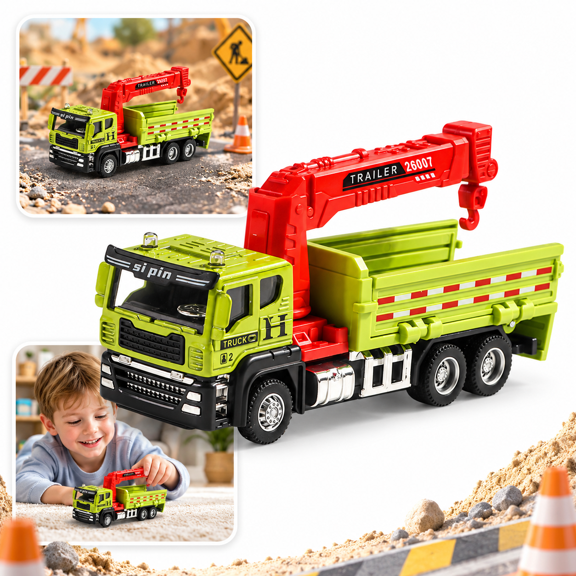 6.3 in Alloy Cargo Crane Truck Toy, Inertia Powered Construction Vehicle with Cargo Bed and Hanging Hook, Mini Engineering Truck, Green Red