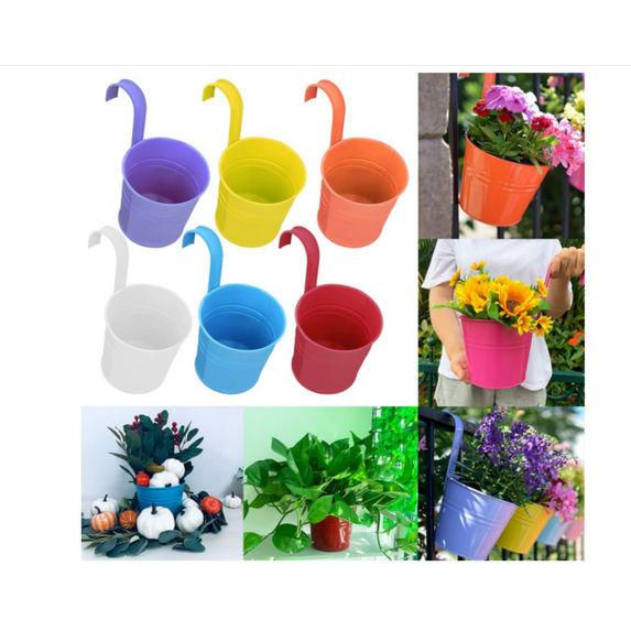 6.3 inch Hanging Planter Iron - 6 Pack, Multicolor Large Metal Flower Pot over Rail Balcony Railing Hanging Buckets for Plants Outdoor Fence Wall Herb Garden Succulent Outside Deck Patio Porch