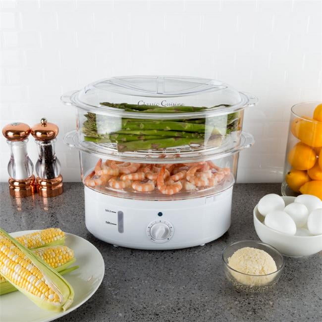 6.3 Quart White Electric Vegetable Steamer and Rice Cooker with Timer