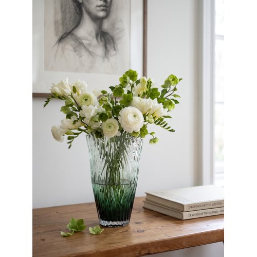 6.3 x 3.5 x 9.8 Inch Emerald Ombre Glass Vase, Modern Wide Mouth Ruffle Flower Vase with Ribbed Design for Table Centerpieces, Home Decor, Wedding, Housewarming Gift