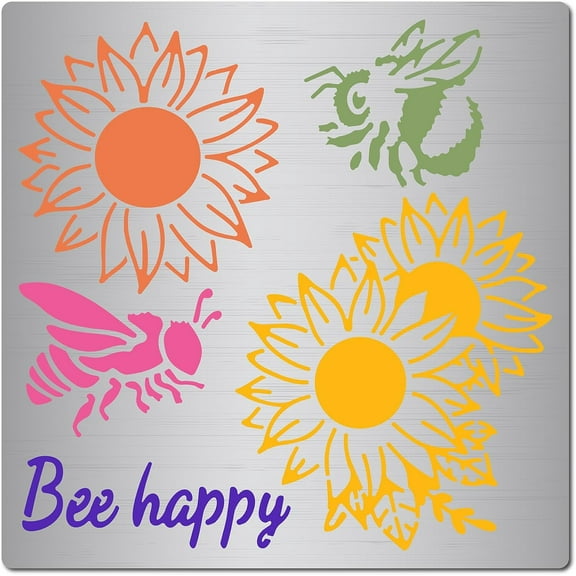 6.3" x 6.3" Bee Sunflower Metal Stencils Floral Bee Happy Stainless Steel Templates Reusable Decoration Ornament for Engraving Scrapbooking Wood Burning Painting DIY Projects grey