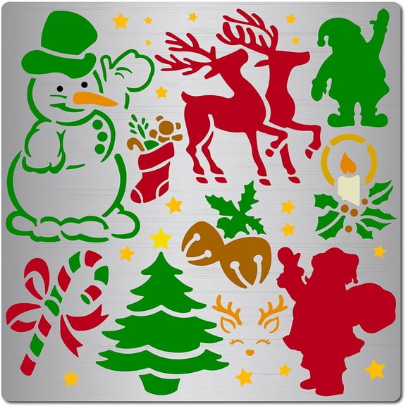6.3 x 6.3 Christmas Metal Stencils Santa Claus Stainless Steel Cutting Dies Stencil Reusable Snowman Elk Christmas Tree Bells Christmas Stockings Fire Candles Candy Canes Template for DIY