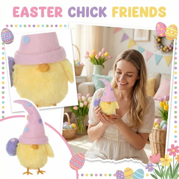 6.30in Plush Easter Chick Figurine with Cute Hat for Spring Tabletop Shelf and Home Holiday Decorations