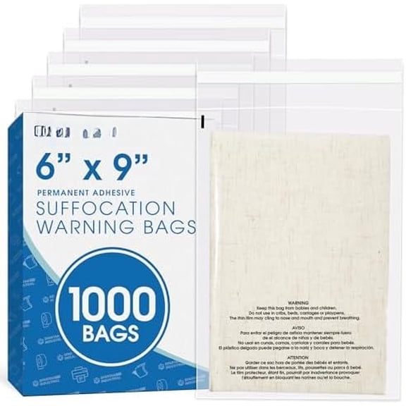 - 6" X 9" (1000 Count) Self Seal Clear Poly Bags with Suffocation Warning for Packaging, Shipping - Permanent Adhesive