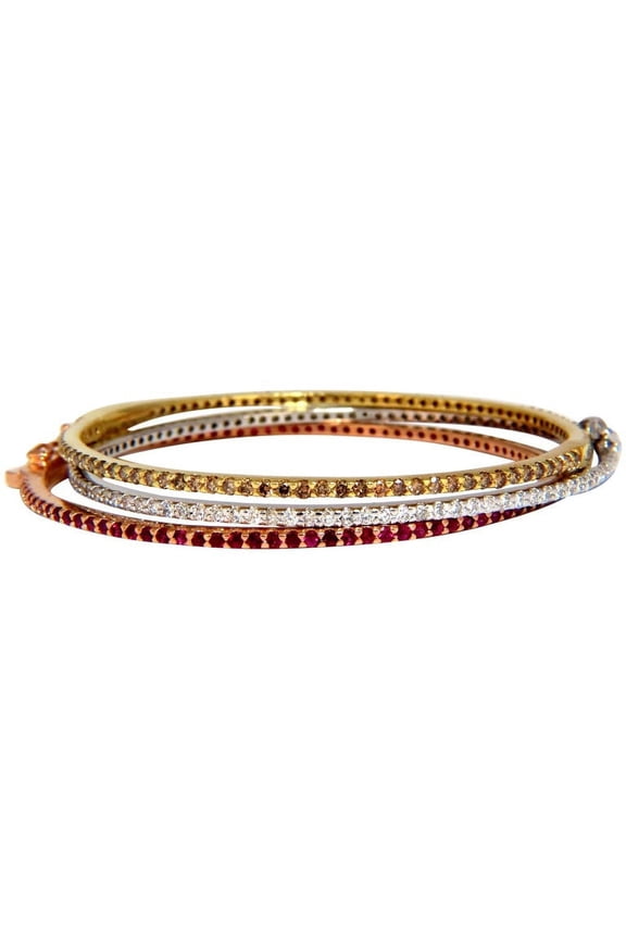 6.34CT NATURAL FANCY BROWN WHITE DIAMONDS & RUBY STACKING BANGLE BRACELETS