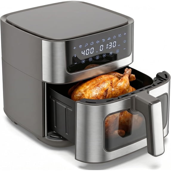 6.34QT 8-in-1 Air Fryer Oven with Visible Window, 400 ° F Fast Heating Countertop Air Fryer, Nonstick Dishwasher-Safe Basket, Timer & Auto-Off, Stainless Steel Grey for Home Kitchen