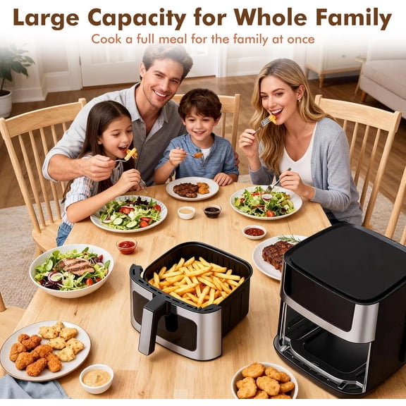 6.34QT Fryer with Window, 8 Food Presets with 400 ° F Heat, 90-Min Timer, Nonstick Dishwasher-Safe Basket for Fry, Roast, Reheat, Bake, Stainless Steel, Black