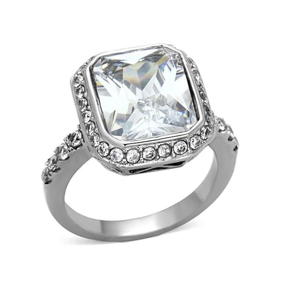 6.38 Ct Halo Emerald Cut Zirconia Stainless Steel Engagement Ring Womens Size 7