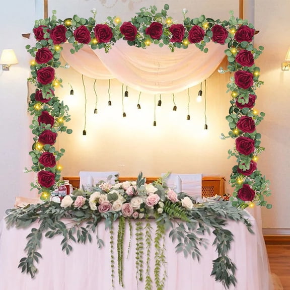6.39Ft Artificial Eucalyptus Garlands with Flowers Roses, Faux Floral Greenery Garlands with 9.8ftString Lights Fake Flowers Vines for Wedding Table Centerpieces Arch Party Decor