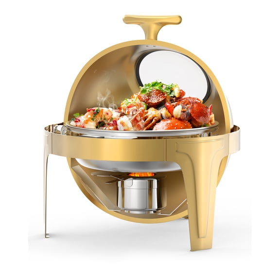 6.3Q Chafing Dish Buffet Set, Stainless Steel Round Roll Top Chafing Dish Set for Catering with Glass Window for Party Wedding , Gold
