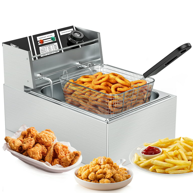 6.34Qt Deep Fryer with Basket for Restaurant or Home Use, Stainless Steel  Commercial Countertop Single Tank Oil Frying Pot with Temperature Control 