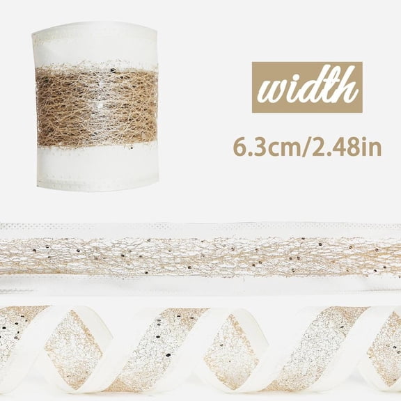 6.3cm Wide Glitter Polyester Wire Ribbon, Cream Gold Hollow Mesh Ribbon for Christmas Decoration Gift Bows Party Wrapping