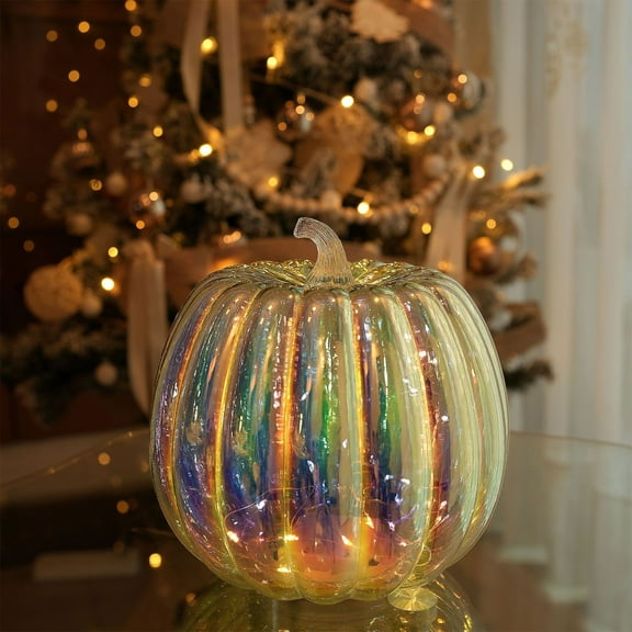 6.3in Diameter 6.5in Tall Glass Pumpkin Lamp Night Light for Halloween, Multicolor LED Decor Lantern Timer Function