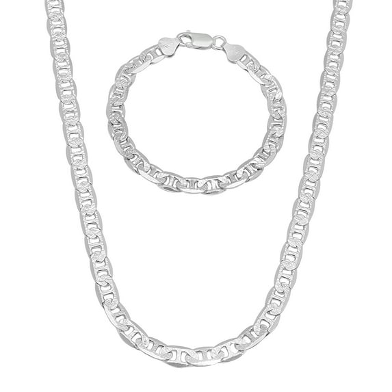 6.3mm .925 Sterling Silver Diamond-Cut Mariner Chain Necklace + Bracelet Set, 24" (Necklace) + 8" (Bracelet) + Gift Box