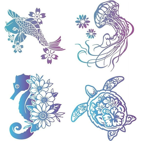 6.3x6.3 4 Styles Sea Animal Window Decals Safety Sliding Glass Door Sticker Ocean Static Glass Window Clings Turtles Fish Jellyfish Seahorses Stickers for Office Bathroom Bedroom