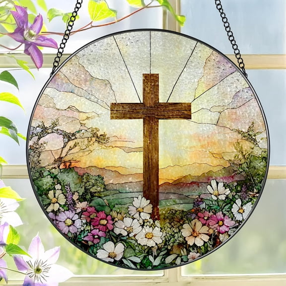 6.3x6.3in Stained Glass Window Hanging, Stained Glass Cross and Wildflowers Suncatcher Christian Stained Glass Windows Hanging Flower Cross Gift for Religious Easter Faith Christian Gifts Religious H