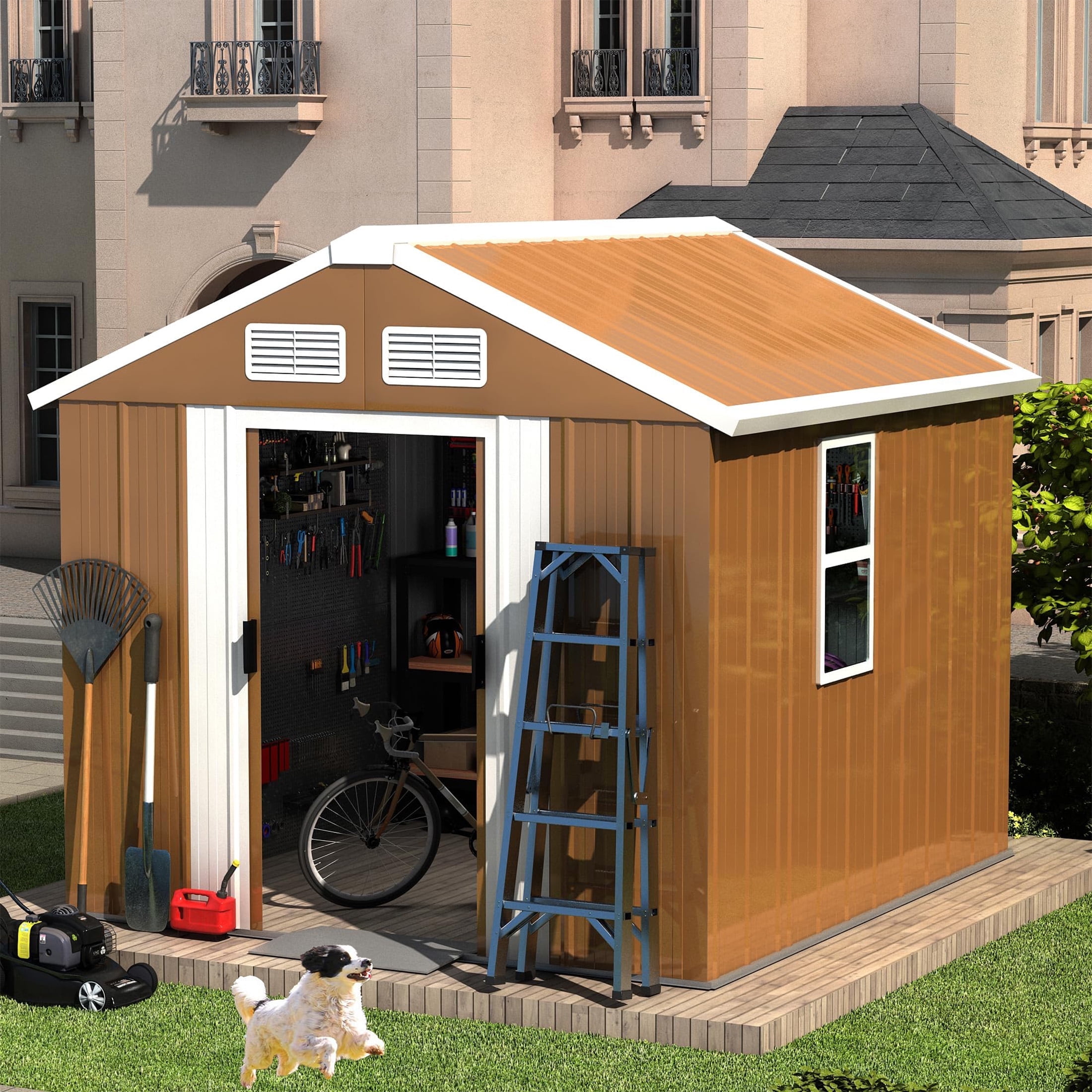 6*4 FT Outdoor Storage Shed with Windows, Metal Garden Tool Shed with Lockable Door & Ventilation, outside storage for Backyard, Lawn, Patio,Yard, bike,Brown